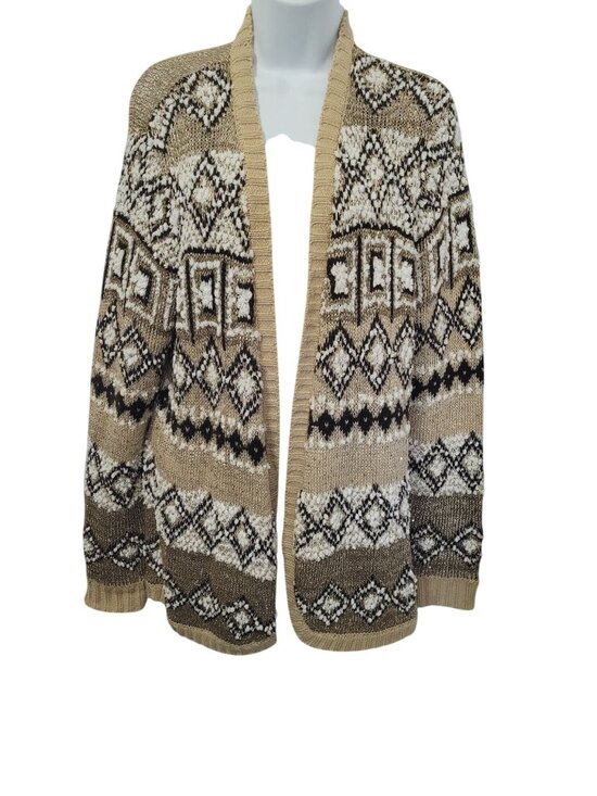 Faded Glory Sweaters - Y2K Womens XL Open Front Aztec Sequin Knit Cardigan Oversized Cozy Tan & Black